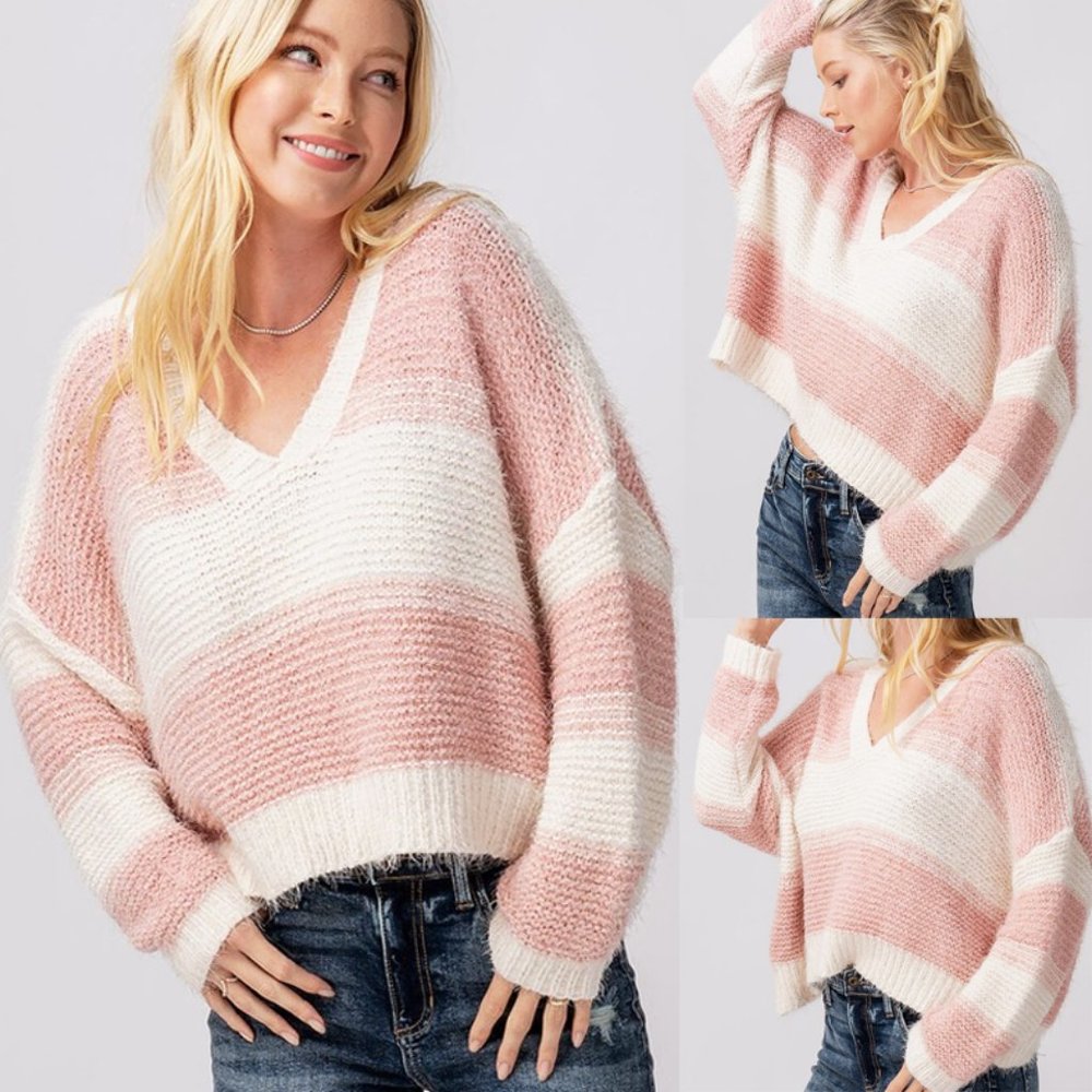 NEW Soft Fuzzy Eyelash Knit V Neck Stripe Cropped Knit Sweater - Picture 5 of 11